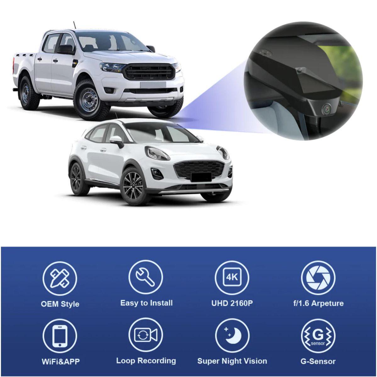 Fitcamx 4K Dashcam (foran+bak) Ford Ranger/Puma (2019 -->)