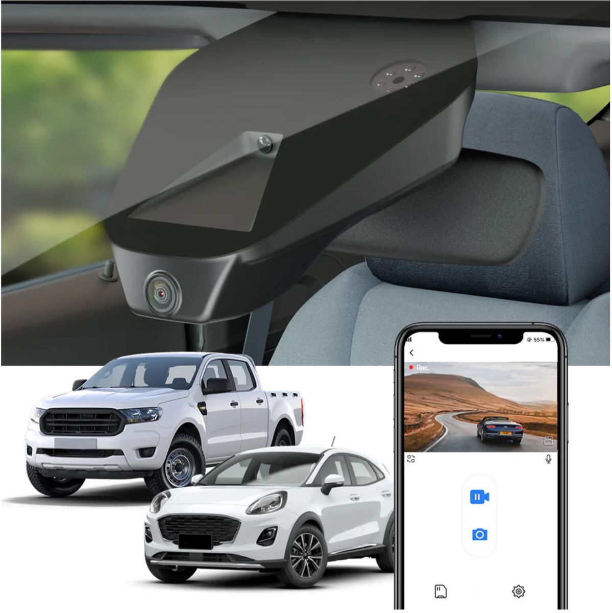 Fitcamx 4K Dashcam (foran+bak) Ford Ranger/Puma (2019 -->)